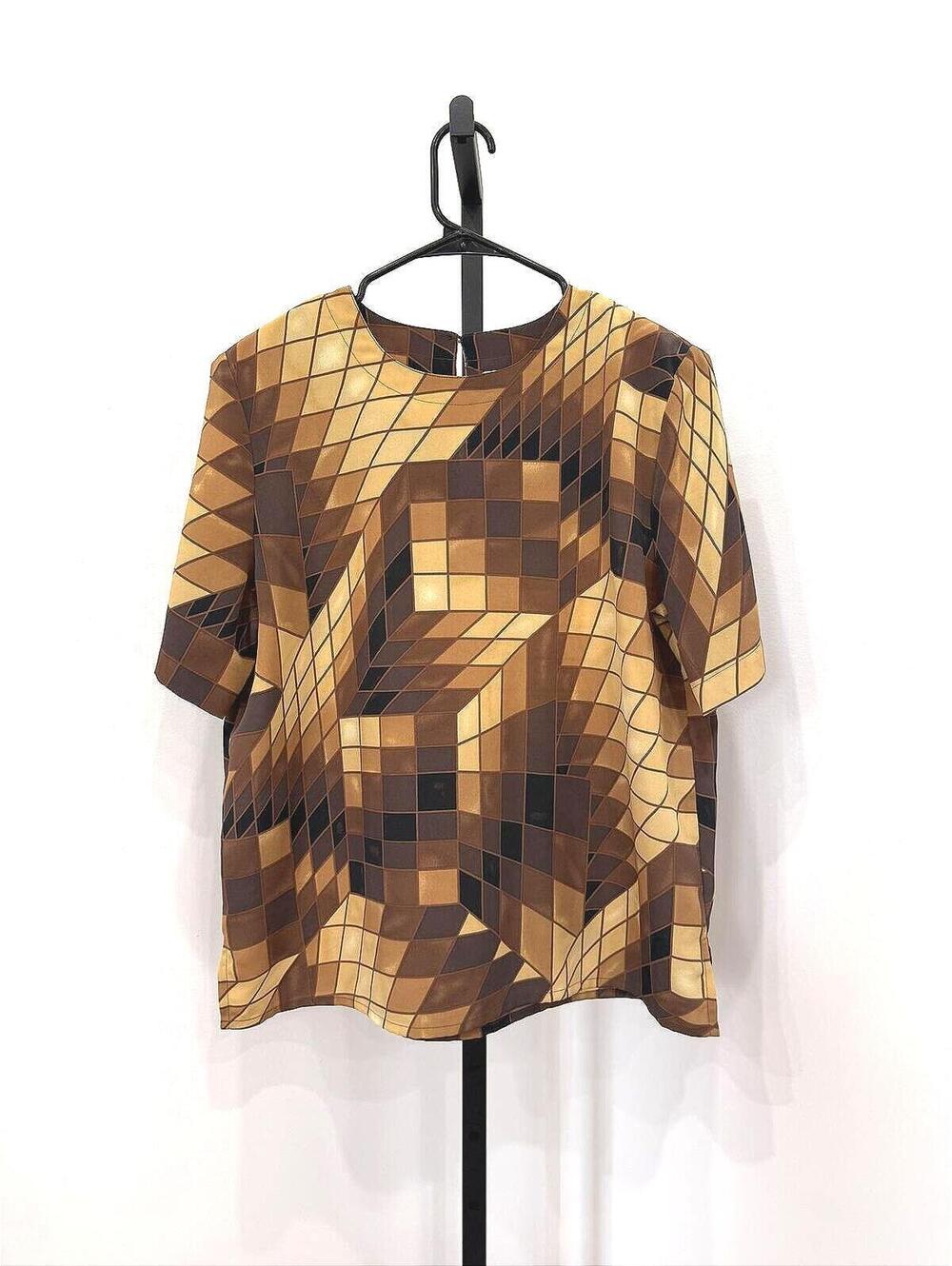 Modern Essentials Medium Geometric Pattern Brown Short Sleeve Blouse